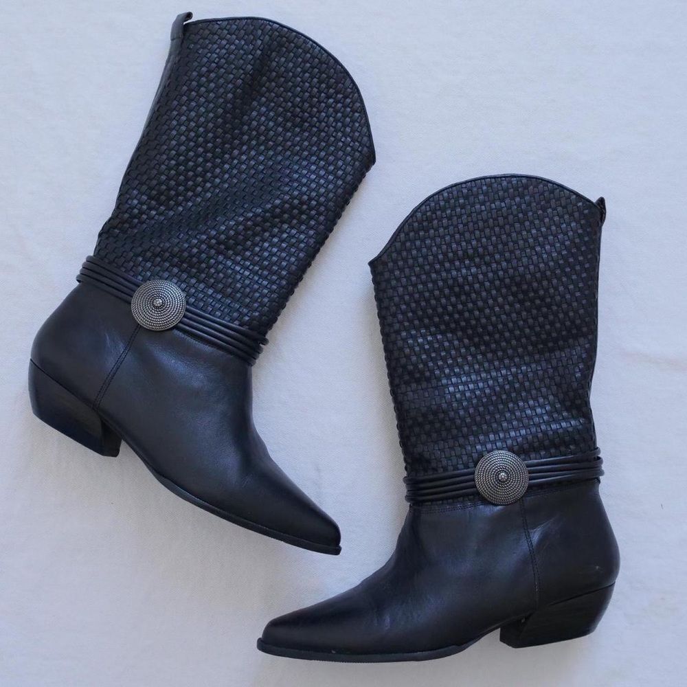 Boho 90s intrecciato black leather cowgirl boots